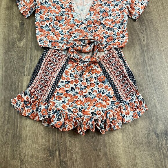 Free People Floral Tie Waist Ruffle Short Surf Date Jumpsuit Romper Sz 0 - Picture 8 of 15